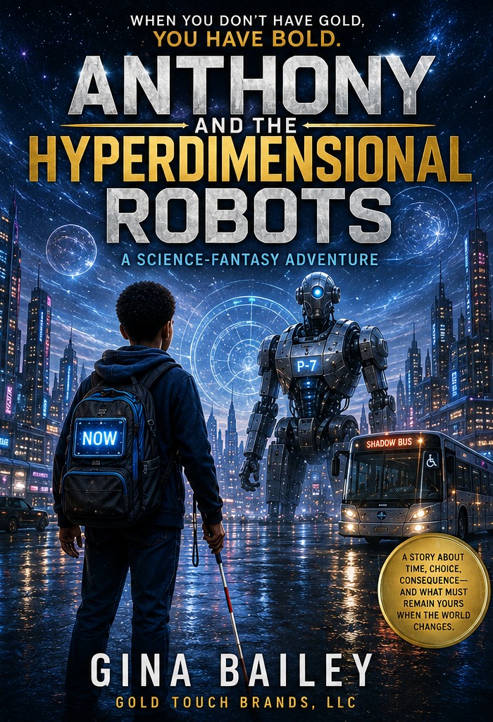 Anthony and the Hyperdimensional Robots front cover showing Anthony, P-7, and the Shadow Bus